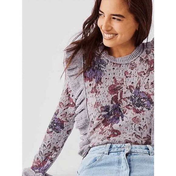 NEW Free People Womens S Love Fool Ruffled Pullover Midnight Floral Combo - Picture 1 of 4